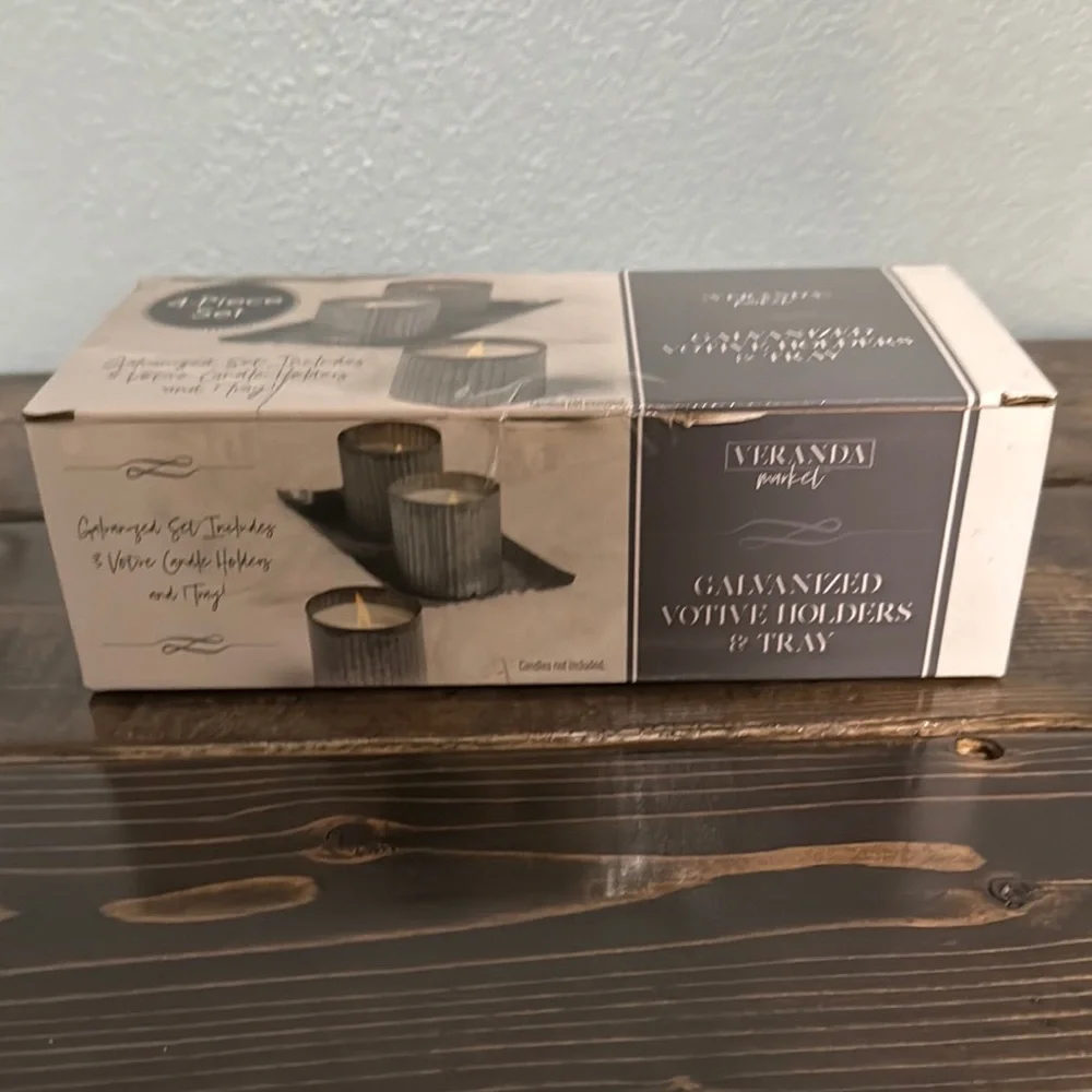 Galvanized Votive Holders & Tray - Gray